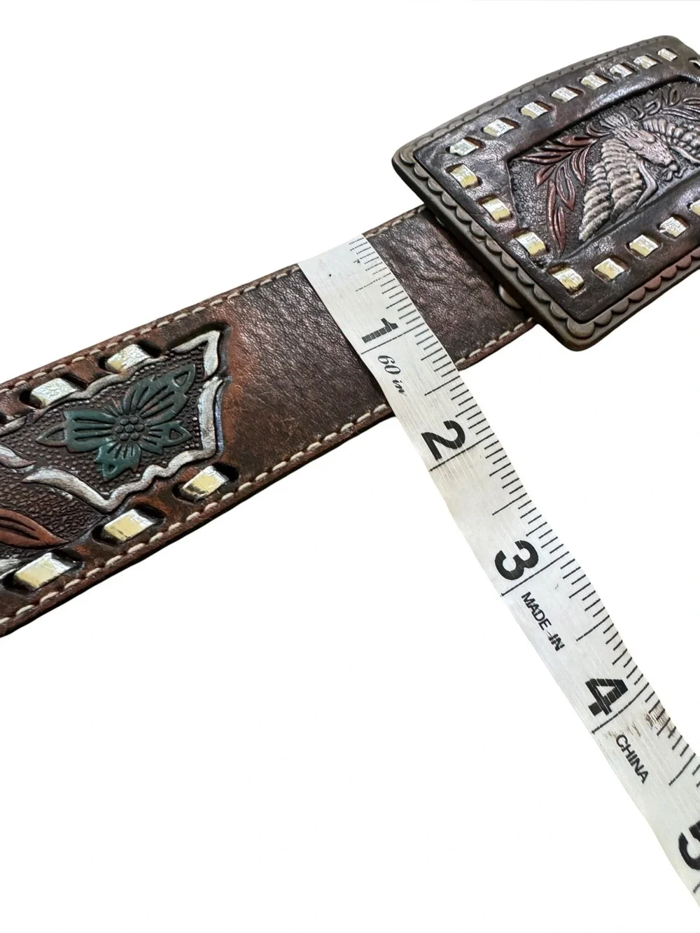 Fossil Western Leather Belt & Buckle Mens 38 EAGLE Tooled MB5804 Cowhide MotoFos
